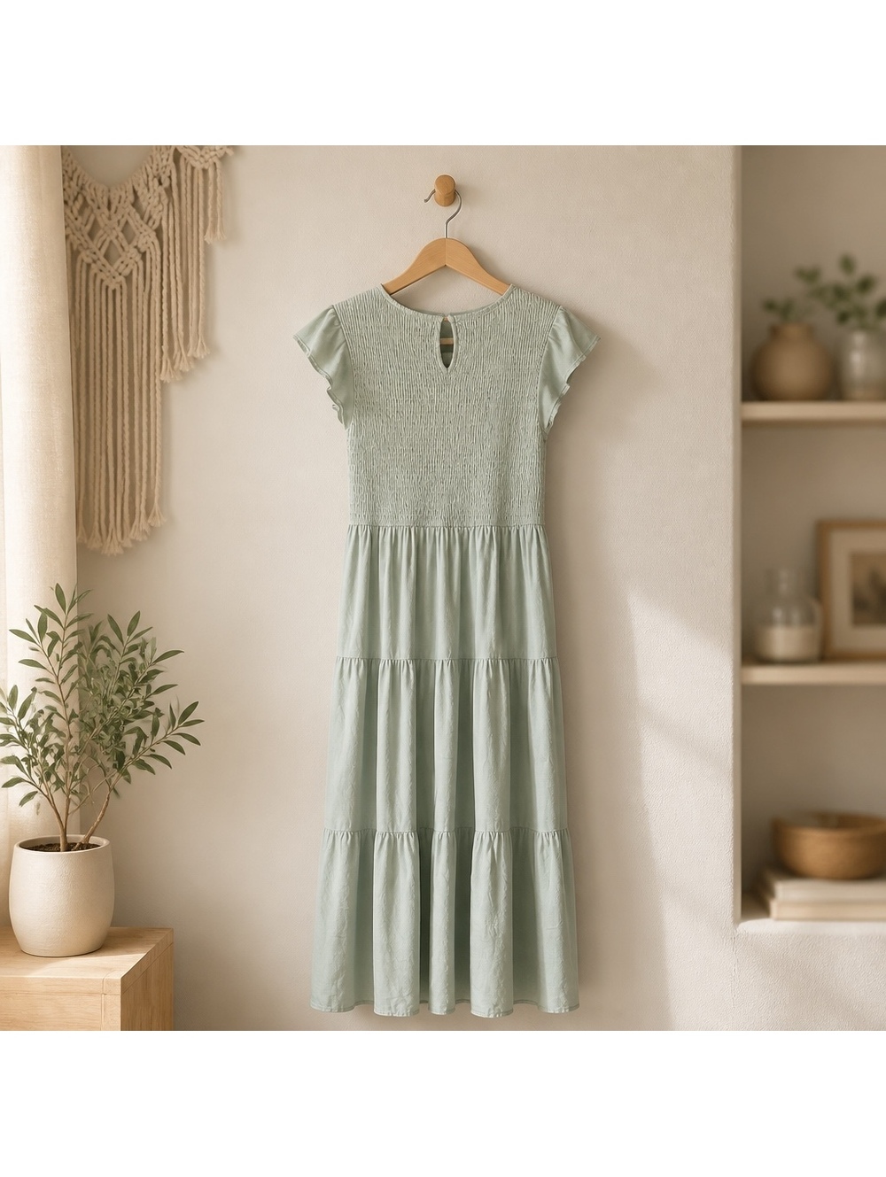 MEROKEETY Light Green Smocked Bodice Tiered Maxi Dress with Pockets - Picture 3 of 4